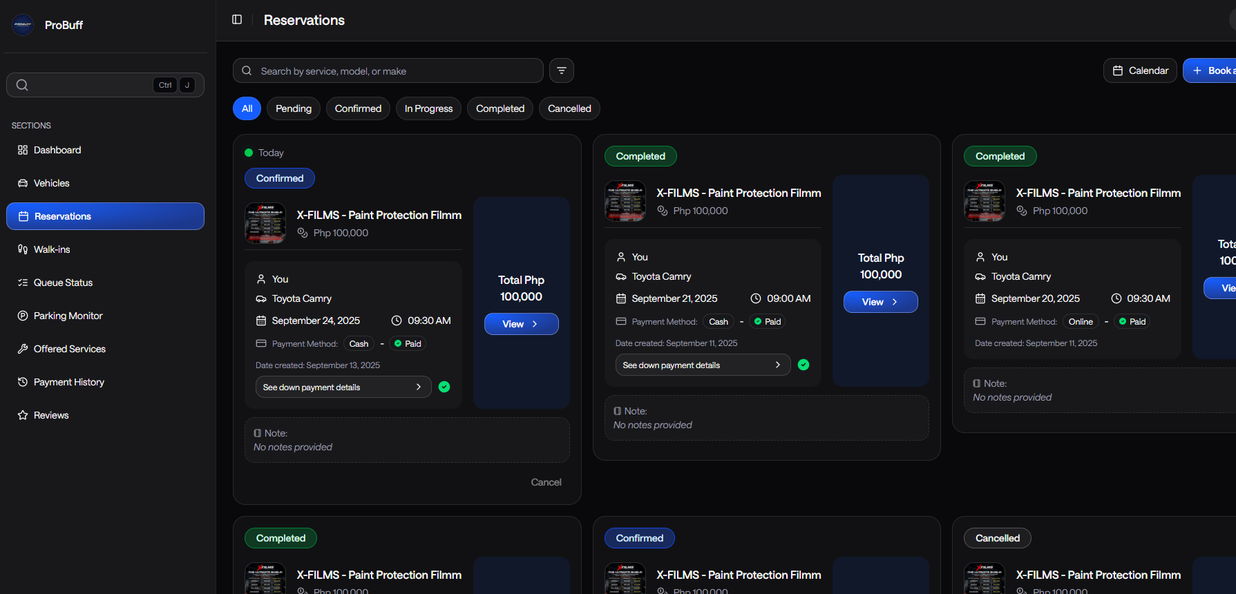 Probuff App UI Reservations